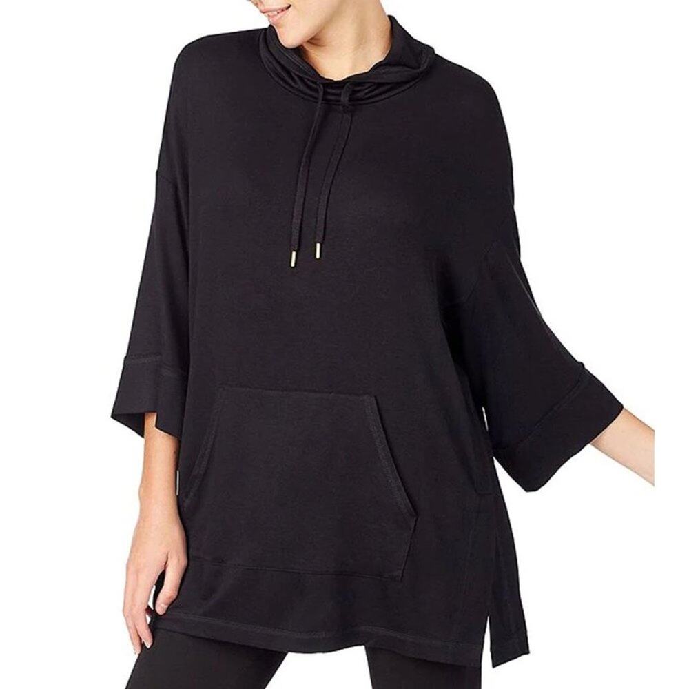 Donna Karan Sleepwear Poncho Women S/M Knit Hooded Black French Terry Soft Cozy